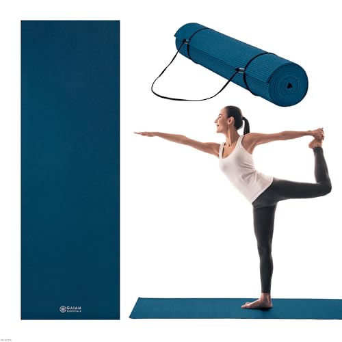 Gaiam Essentials 1/4" Thin (6mm) Yoga & Pilates, Fitness & Exercise Mat with Easy-Cinch Carrier Strap Cusion Support For F...