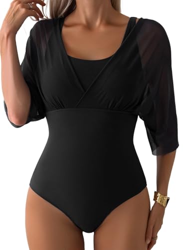 Aleumdr Women's One Piece Swimsuit Modest Tummy Control Bathing Suit V Neck Mesh Sleeve Slimming Swimwear Beachwear
