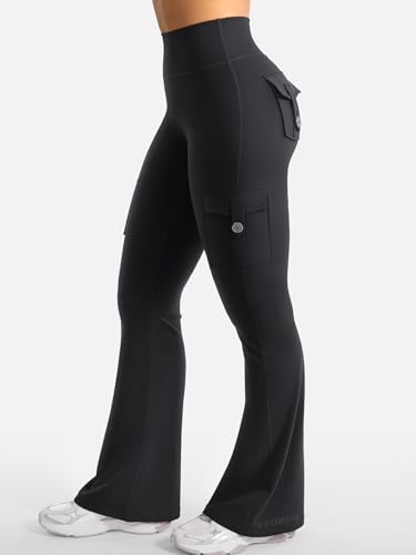 YEOREO CoreFlex Women Workout Flare Leggings with Pockets Hidden Scrunch High Waisted Cargo Gym Yoga No Front Seam Leggings