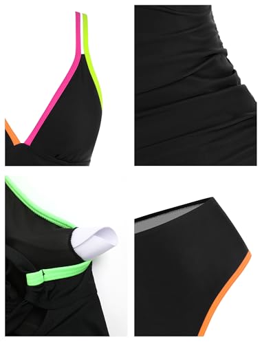 ZAFUL High Waisted Tummy Control Swimsuits Colorful 2 Piece Tankini Set Swimwear Cute V Neck Modest Summer Bathing Suit