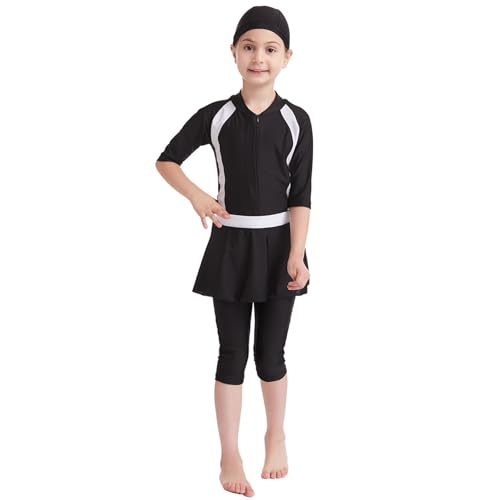 Girls Muslim Swimsuits with Swim Cap & Skirt Rash Guard Full Coverage Full Zip Beach Swimwear for Girls Size 2-15