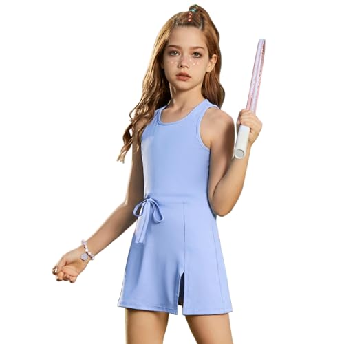 Girls Sleeveless Tennis Dress Tank Top Skorts Skirts High Waist Side Slit Outfit Athletic Sets with Shorts Pockets