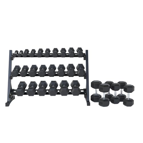 StrengthUSA Rubber Hex Dumbbell Set with Rack, 8/10/12/15/20 Pair (450/550/780/1200/1550/2100 lbs total) Weight Rack with ...