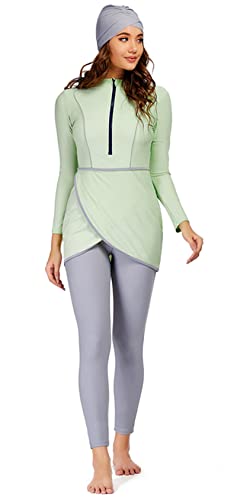 HOKFDC Women Full Covered Swimwear Modest Muslim Swimsuits 3 Pieces Islamic Long Sleeve Burkini with Swimming Cap