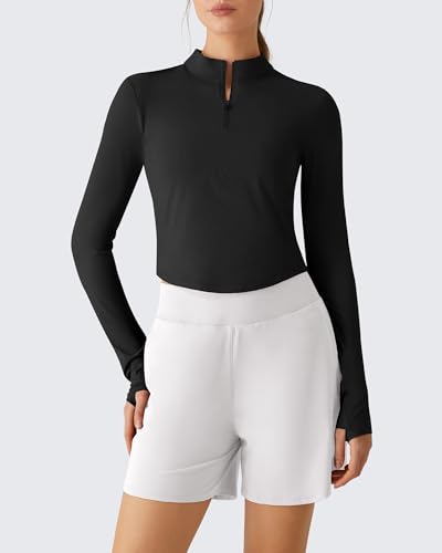 G4Free Lightbreeze Women's UPF 50+ Sun Shirts Long Sleeve Crop Workout Tops Thumbholes Mock Neck Quater Zip Tees Running