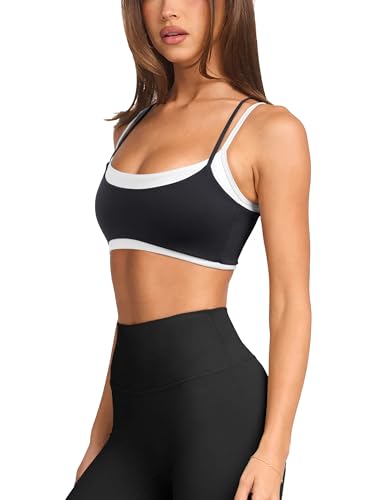 LASLULU Womens Double Layered Sports Bra Adjustable Spaghetti Straps Sexy Scoop Neck Wireless Padded Workout Yoga Crop Tops