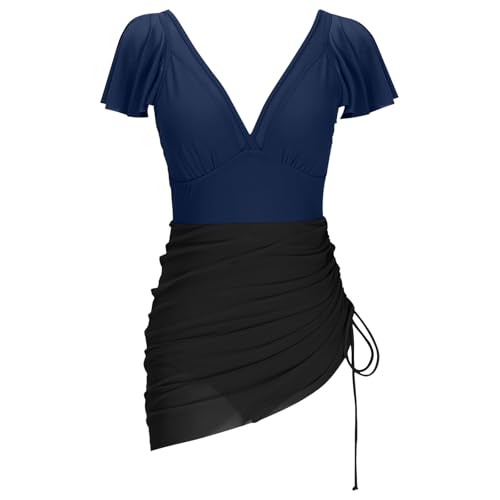 Swim Dress Skirt for Women Mesh Sheer V Neck Swimwear One Piece Ruffle Cap Sleeve Ruched Front Bathing Suit