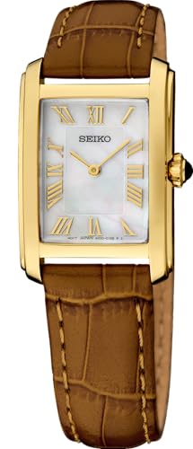 Seiko SWR100 Women's Quartz Watch, 30M Water Resistant, Elegant Mother-of-Pearl Dial, Cabochon Crown, Leather Strap - Gold