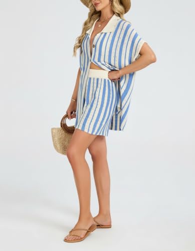 Ladyful Womens Crochet Swimsuit Coverup Sets Summer Short Cap Sleeve Button Up Knit Striped Shirt and Shorts Vacation Sets