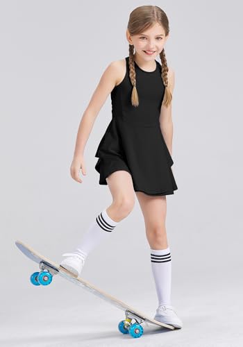 Handfrog Kids Girls Tennis Golf Dress Outfit Sleeveless Dress with Shorts Pockets 2 Piece Sport Athletic Sets