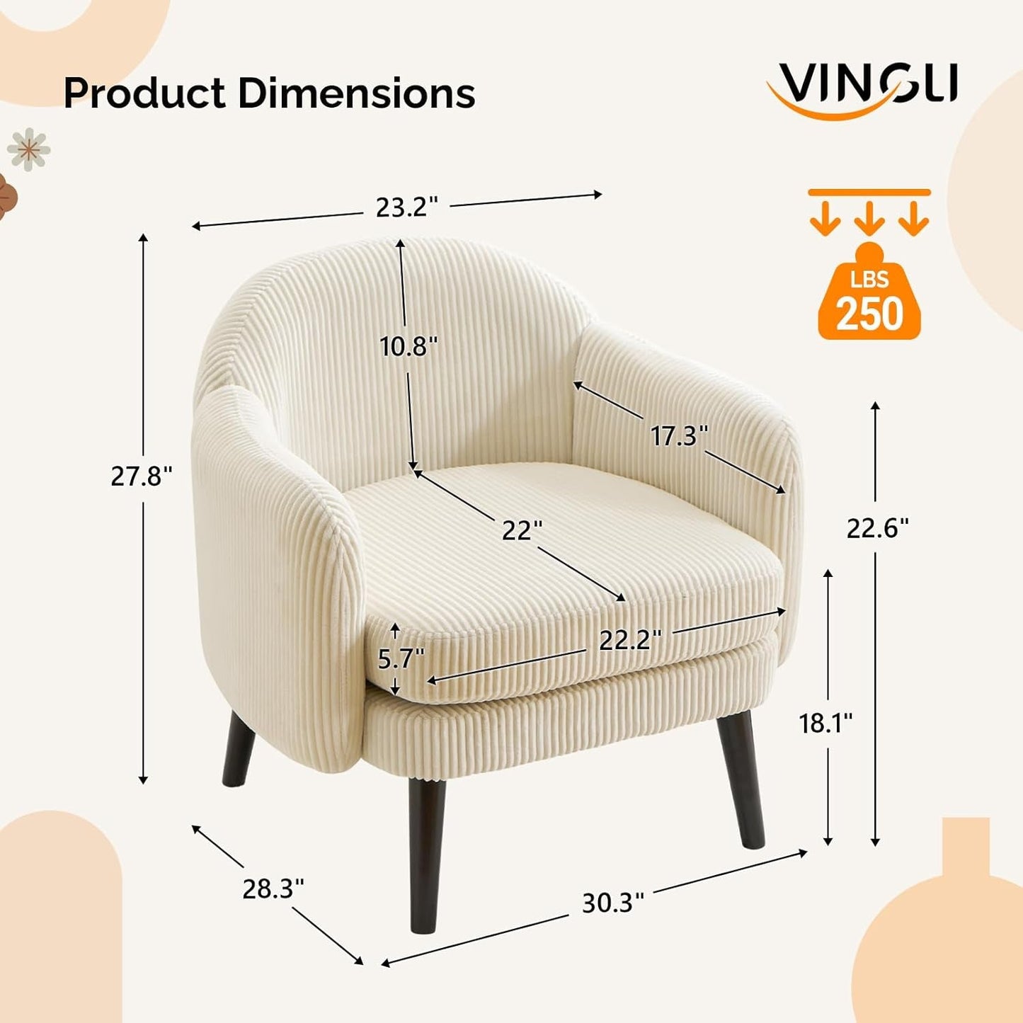 30.3" Wide Modern Barrel Accent Armchairs Set of 2 with Track Armrest, Solid Wooden Legs, Comfy Upholstered Club Chairs, Single Home Sofa for Living Room, Bedroom, Reading Room, Corduroy Beige