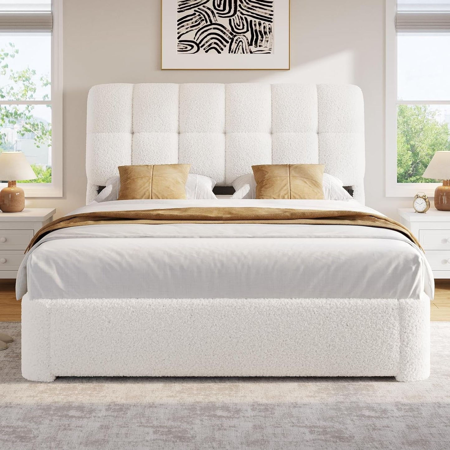 Boucle Full Size Bed Frame with Headboard, Modern Upholstered Platform Bed Frame Full with Rounded Corners, Soft Cloud Beds, Wood Slats Support, No Box Spring Needed, Easy Assembly, Cream