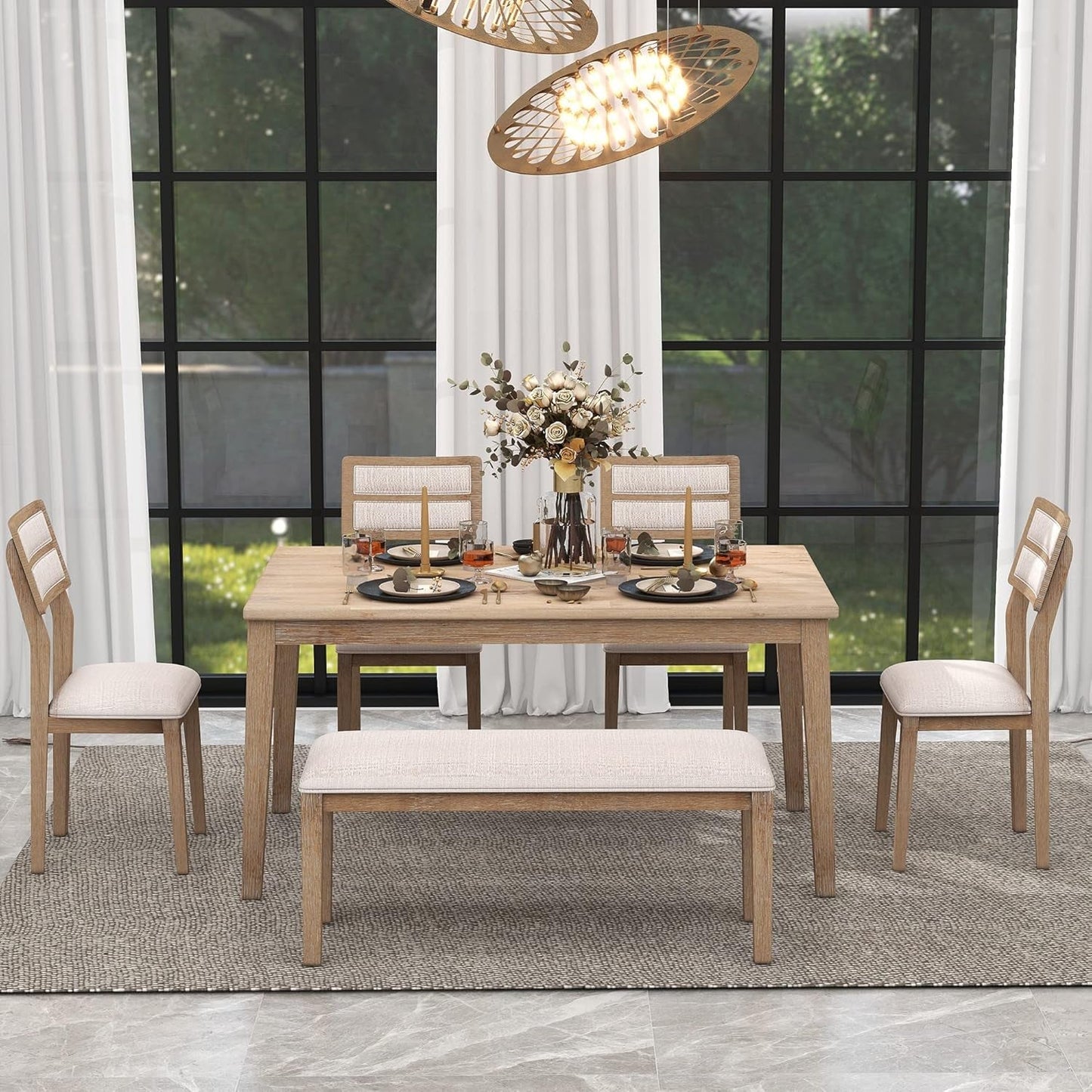 6-Piece 60" Wooden Dining Table Set with 4 Upholstered Chairs and 1 Bench,Classic and Traditional Style,Natural Wood Wash