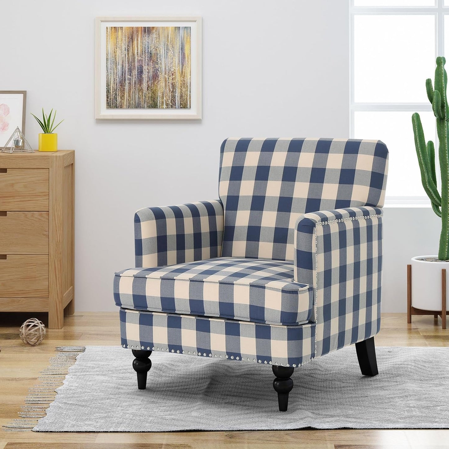 Eve Modern Upholstered Club Chair, Wooden Living Room Accent Chair, Comfy Bedroom Reading Chair, Multifunctional Armchair, Blue Checkerboard