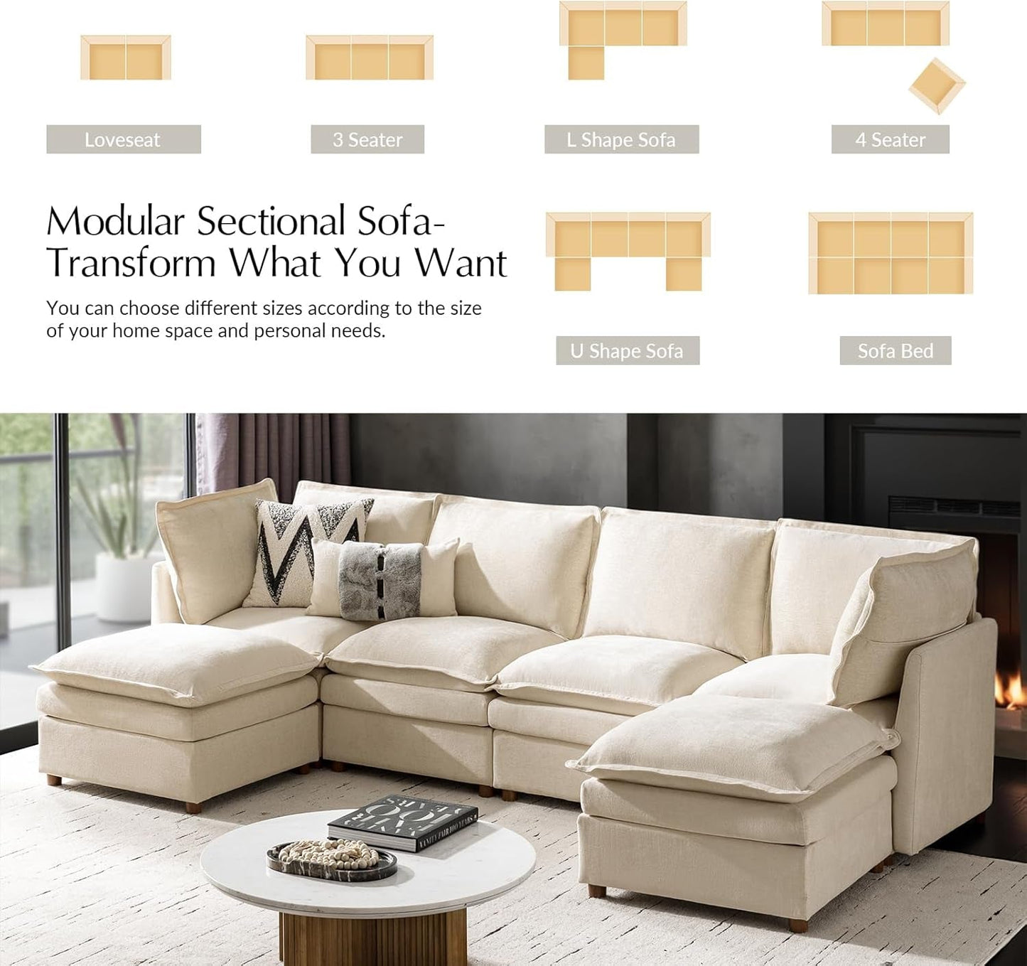 128'' Oversized Modular Sectional Sofa with Dual-Layered Cushions, U Shaped 6 Seater Couch with Storage Ottoman and Removable Cover, Modern Deep Seat Cloud Couch for Living Room, Beige