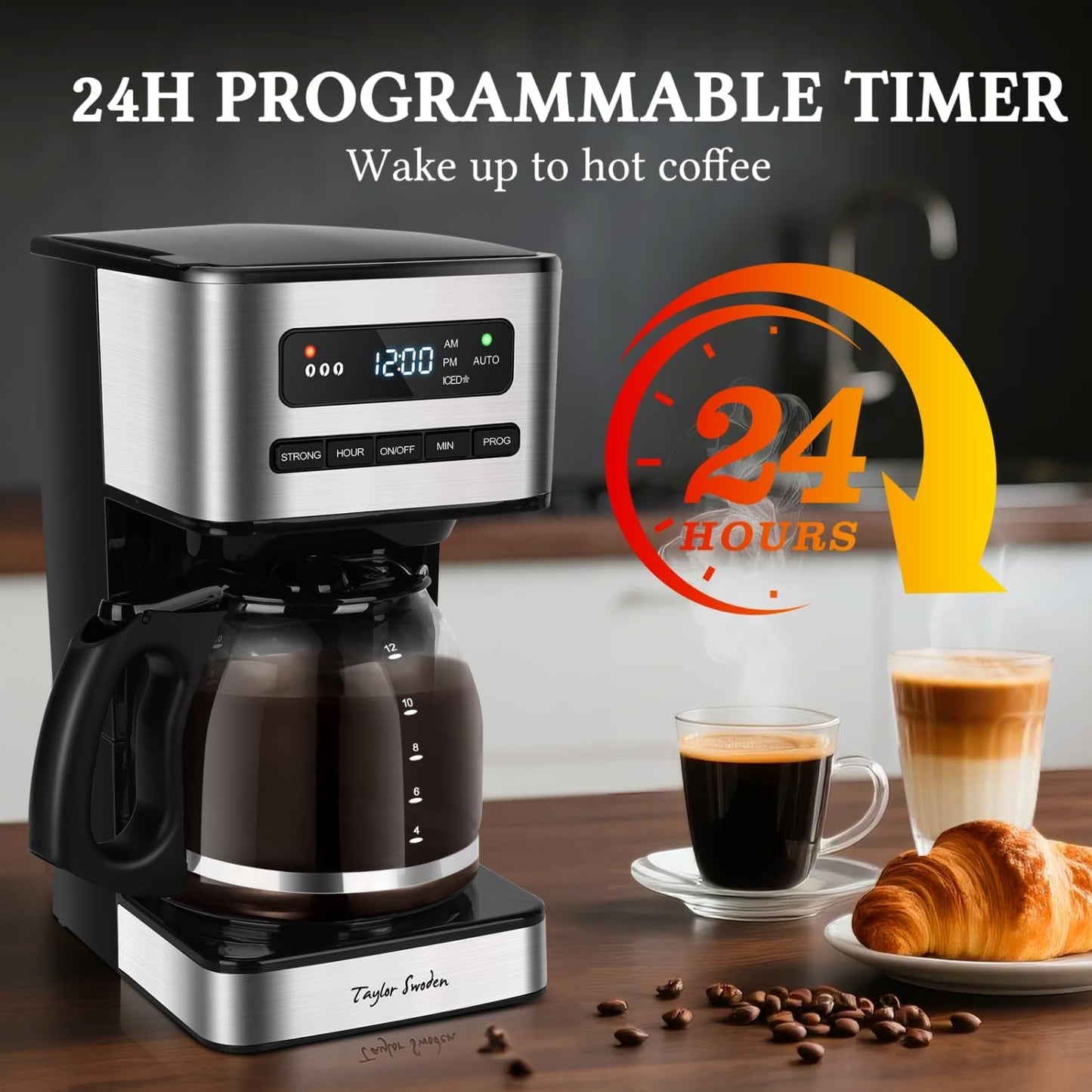 Programmable Coffee Makers 12 Cup, Hot and Iced Coffee Maker, 4 Brew Strength, LED Display, 24H Timer, Keep Warm&Auto Shutoff- Drip Coffee Machine for Home/Office, Black &Stainless Steel