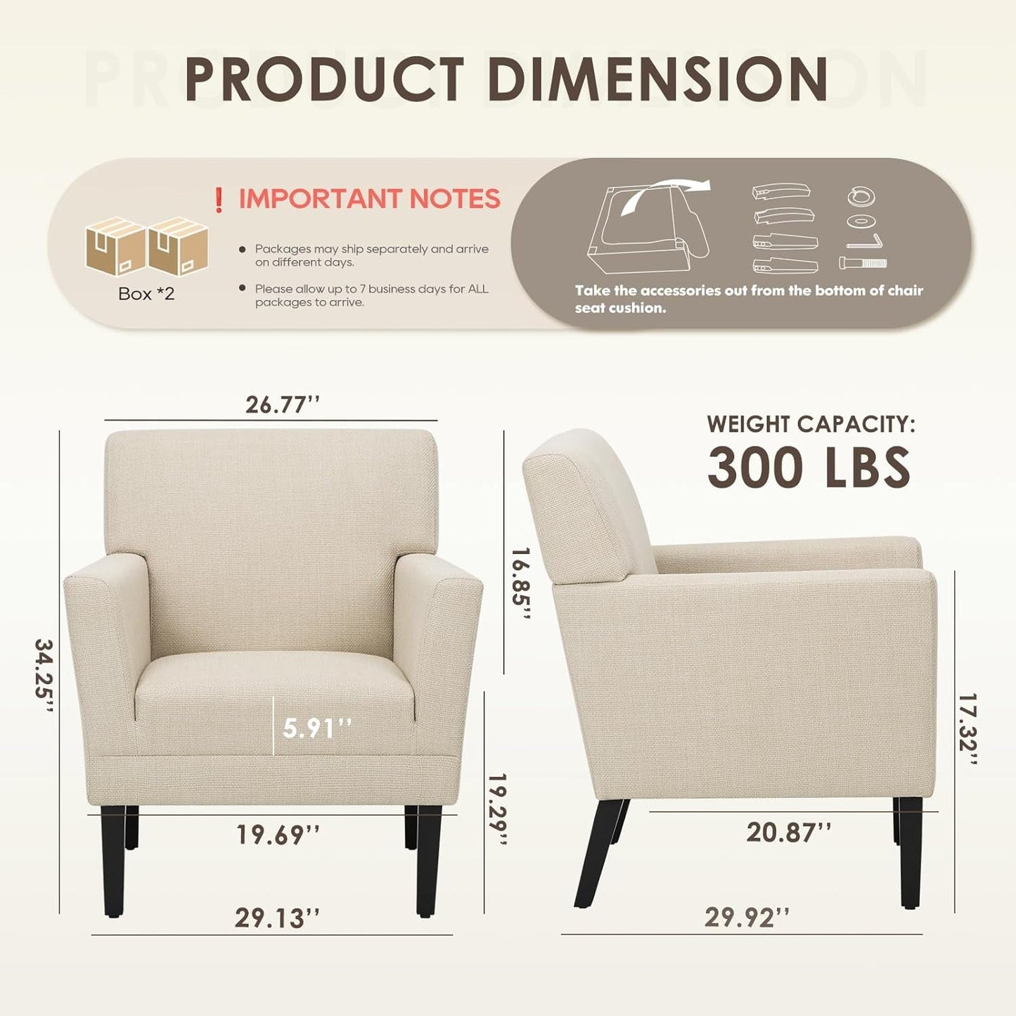 Accent Chair Set of 2 for Living Room, Modern Upholstered Fabric Accent Armchair with Back, Soft Single Sofa Chair with Arms for Bedroom/Office/Reception Room, Oatmeal