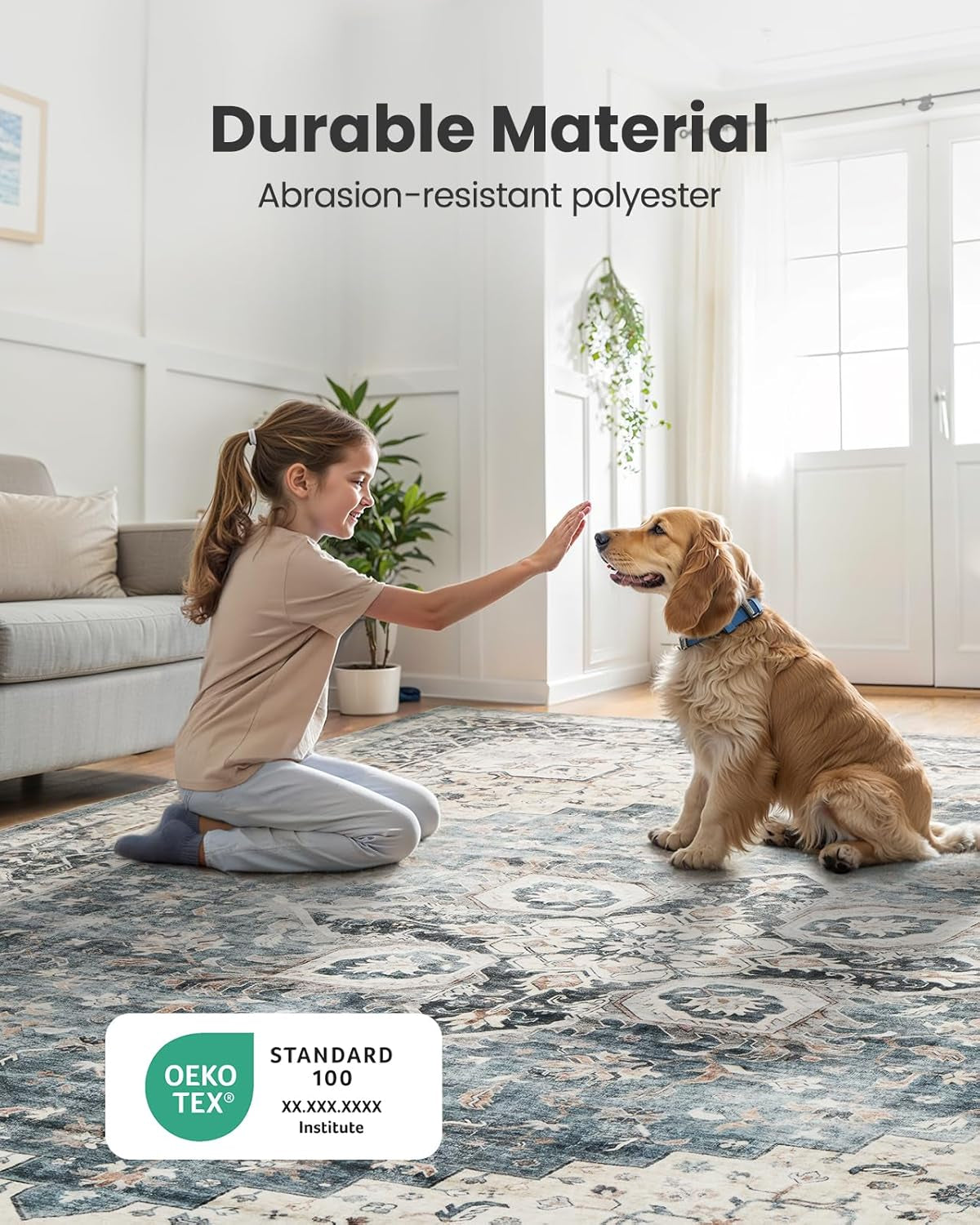 8X10 Washable Area Rug, Low-Profile Large Area Rug with Non-Slip Backing & Durable Edge Binding, Vintage Large Rugs for Living Room, Bedroom, Dinning Room