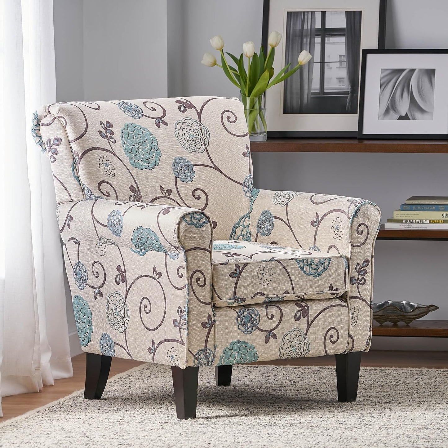Isla Blue Floral Club Chair with Rolled Arms, Upholstered Accent Chair with Tapered Birch Wood Legs and Tonal Piping for Living Room, Bedroom, Beige+Blue