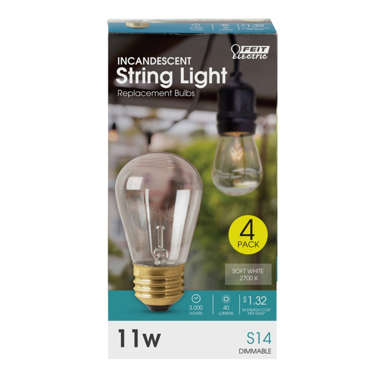 Feit Electric 11W S14 Incandescent String Light Bulb Replacement, 4 Pack, 2700K, Clear Glass, 40 Lumen