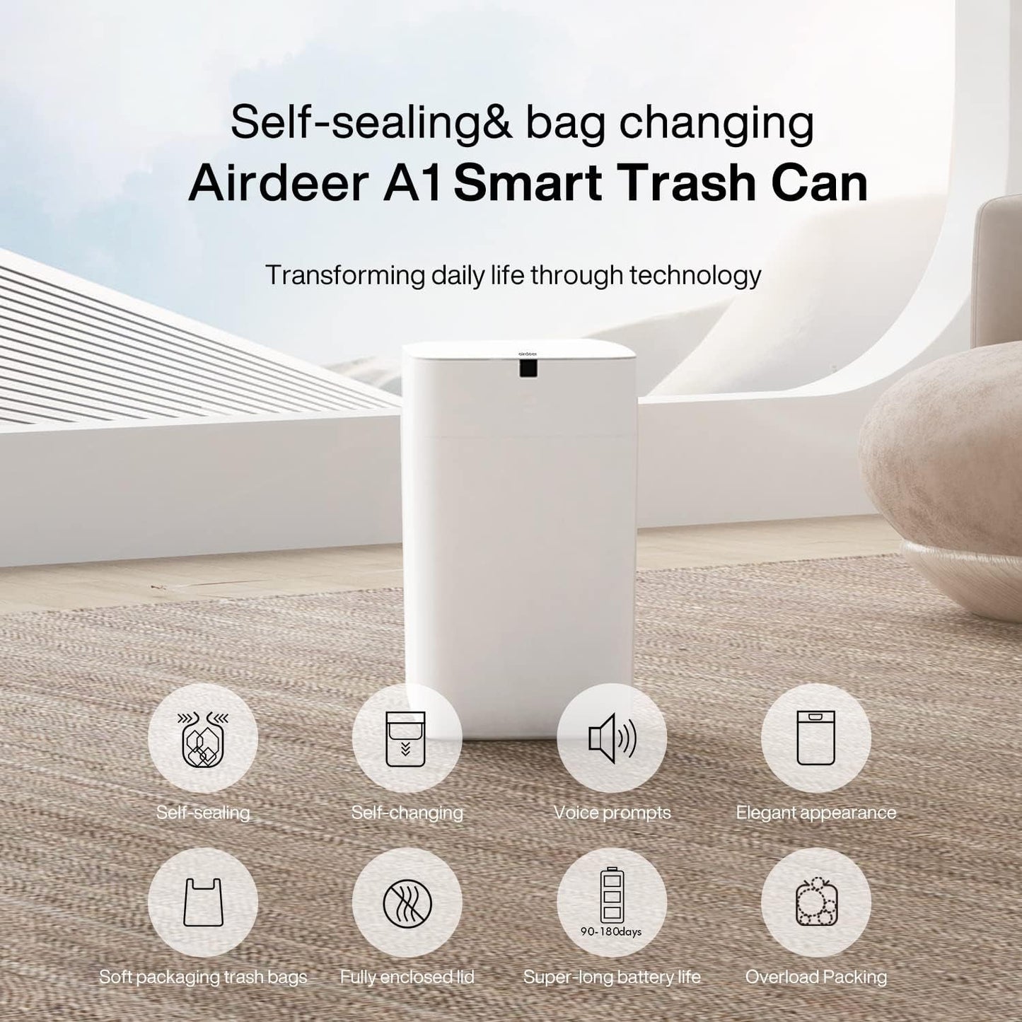 Automatic Trash Can, 4 Gallon Self Sealing and Self-Changing Smart Trash Can, Motion Sensor, Touchless Garbage Can with Lid for Kitchen Bathroom Bedroom Office, 6 Refill Rings(A1, White)