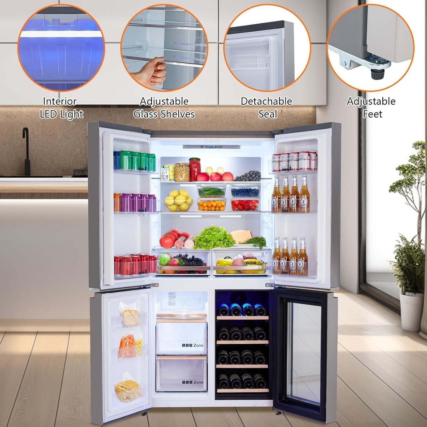 36-Inch French Door Refrigerator, 21 Cu.Ft. Counter-Depth 4-Door Design with Bottom Freezer & Wine Storage, Stainless Steel Kitchen Refrigerator with Adjustable Shelves