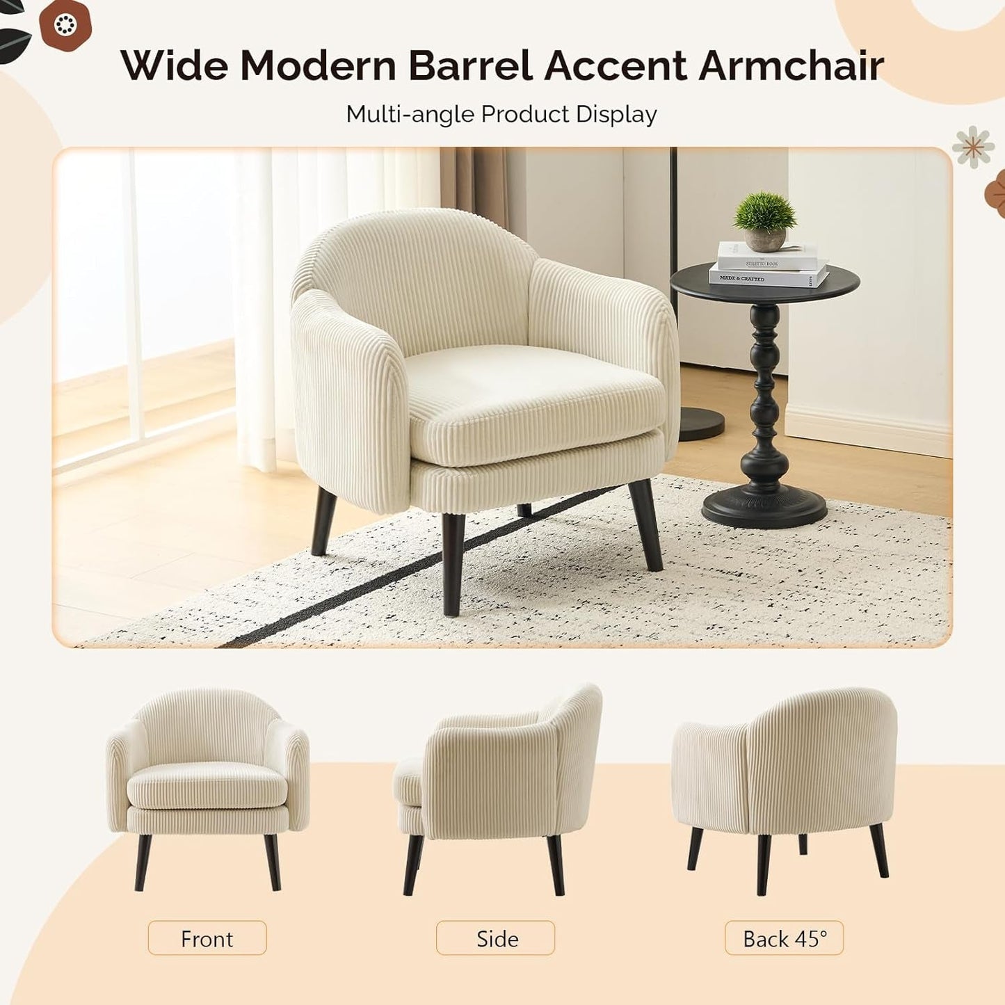 30.3" Wide Modern Barrel Accent Armchairs Set of 2 with Track Armrest, Solid Wooden Legs, Comfy Upholstered Club Chairs, Single Home Sofa for Living Room, Bedroom, Reading Room, Corduroy Beige