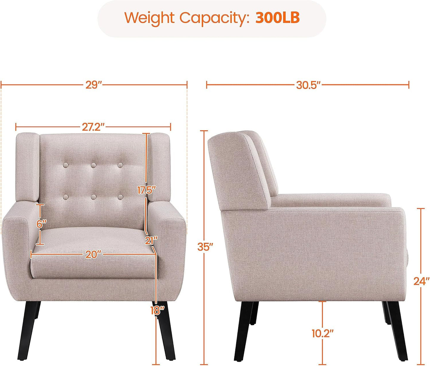 Accent Chairs Set of 2, Living Room Chairs Set, Beige Sofa Chairs, Linen Fabric Reading Chair, Modern Accent Chair for Bedroom Office Reading Nook, Beige
