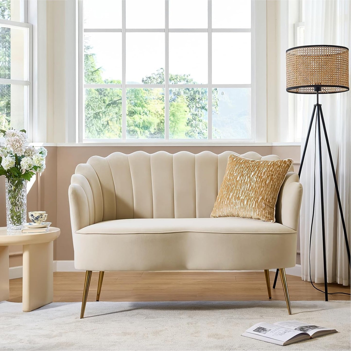 Modern Velvet Loveseat Sofa with Flower Shaped Back, Comfy Upholstered 2-Seater Sofa with Gold Metal Legs, Small Love Seat Accent Couch for Living Bedroom Leisure Areas, Tan