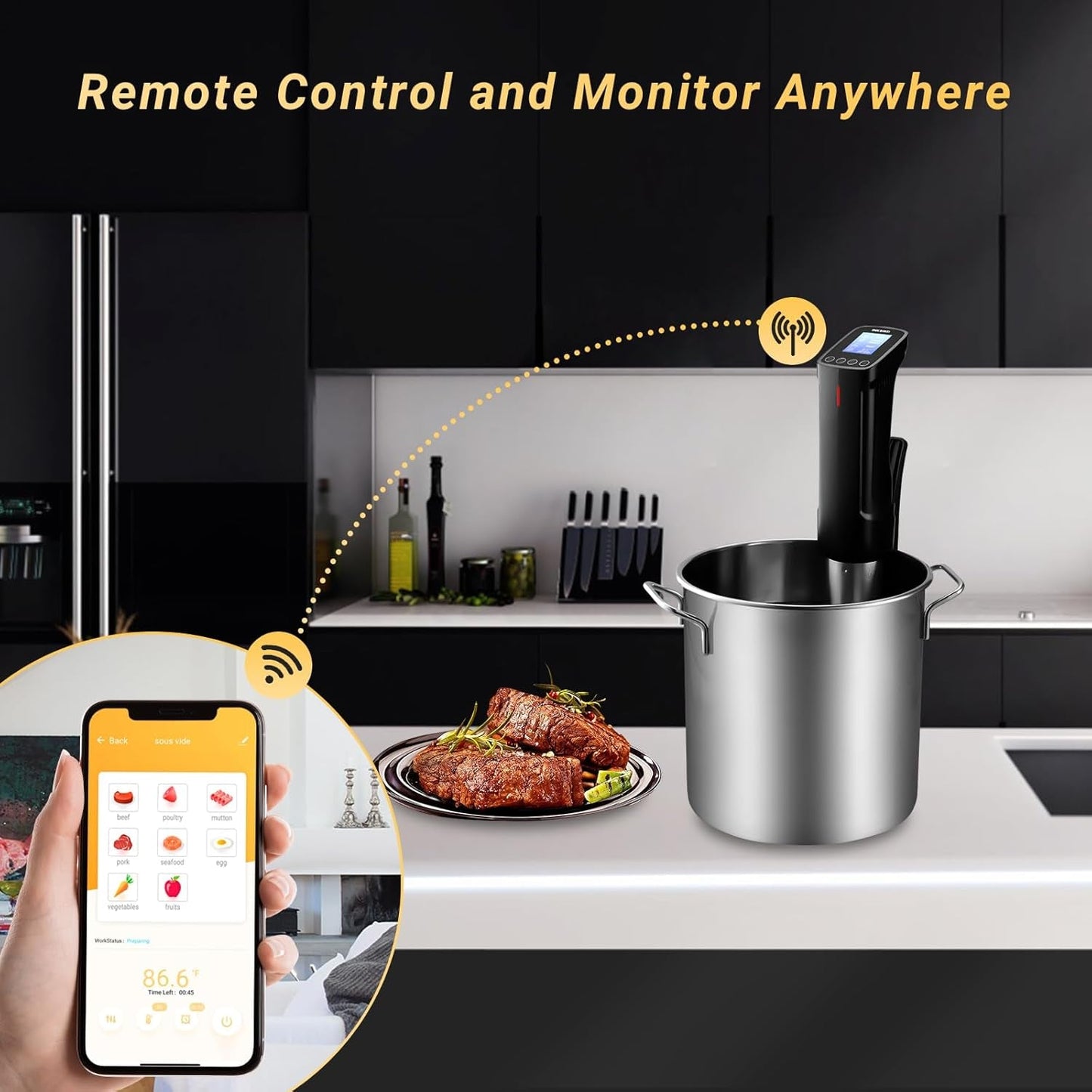 WIFI Sous Vide Cooker ISV-100W, 1000 Watts Sous Vide Machine Immersion Circulator with 14 Preset Recipes on APP & Calibration Function, Thermal Immersion, Fast-Heating with Timer