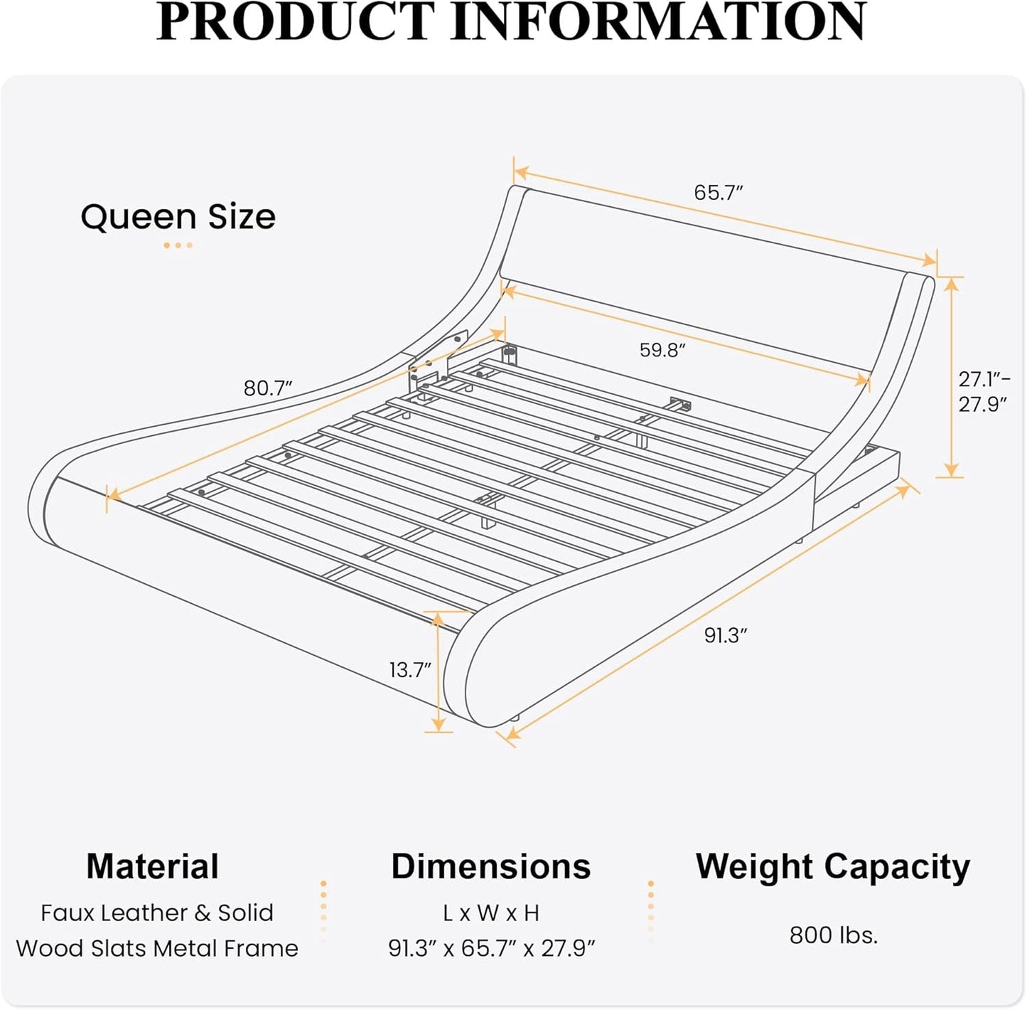 Modern Low Profile Platform Bed Frame Queen Size, Stylish Faux Leather Upholstered Sleigh Bed with Adjustable Headboard, No Box Spring Needed, White