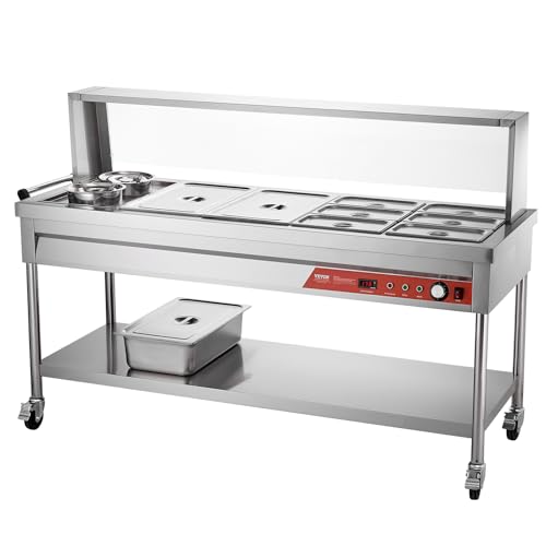 VEVOR Commercial Food Warmer, 8 Pans + 2 Pots Electric Steam Table, 1800W Professional Buffet Catering Food Warmer with Shield Undershelf Wheels, Stainless Steel Server for Party Restaurant