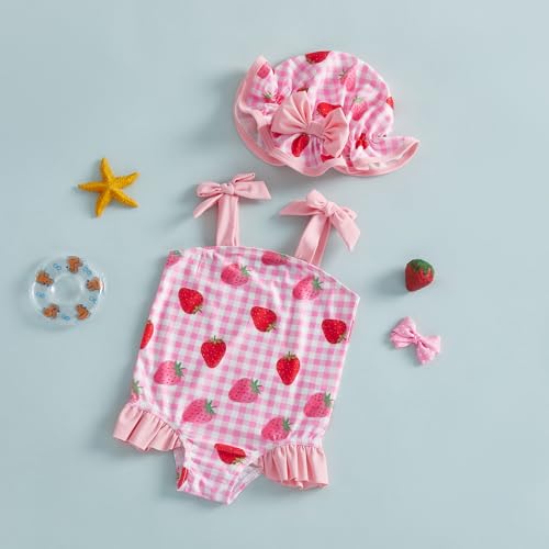 BSaogr Infant Girl Onepiece Swimsuit Cute Printed Sleeveless Ruffle Romper Beach Wear Bathing Suit with Swim Cap