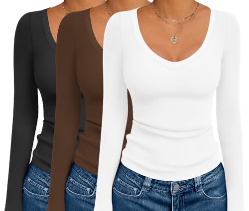Ekouaer 3 Pack Long Sleeve Shirts for Women Deep V Neck Basic Thermal Tops Base Layer Undershirts XS-XXL