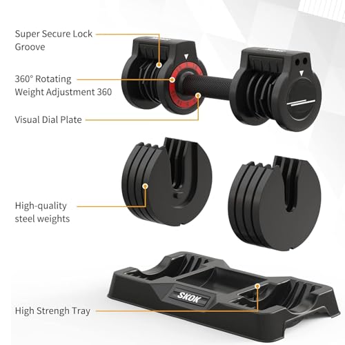 SKOK 25lbs Pair Adjustable Dumbbells Set, Adjustable Weights Dumbbells Set for Men and Women with Anti-Slip Fast Adjust We...