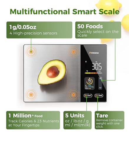 Atogou Smart Food Kitchen Scale with Nutrition Calculator, Color Display & Free App, Precise Portion Control, Calorie & Ma...