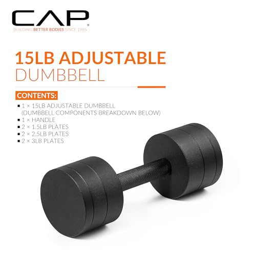 CAP Barbell 15 lb Adjustable Dumbbell – Compact Cast Iron Weight | Multiple Options