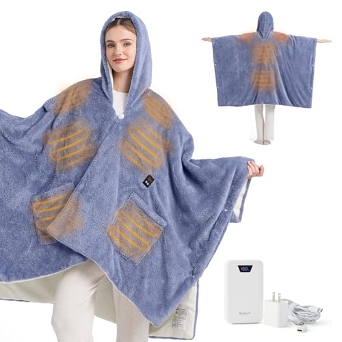 Bedsure Cordless Wearable Heated Blanket - Fluffy Electric Blanket Hoodie with 20000mAh Battery Pack, Portable USB Heated ...