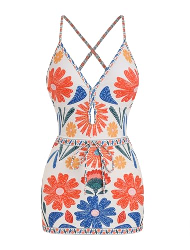 ZAFUL Women's One Piece Swimsuit with Skirt V Neck Plaid Bikini Front Cut Out Two Piece Bathing Suit