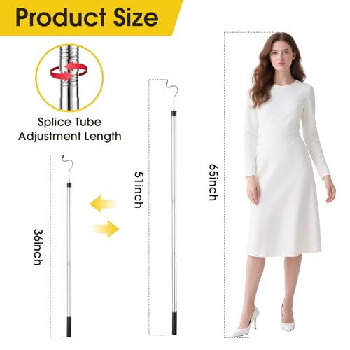 Clothes Hook Pole, Extendable from 35" to 50" Stainless Steel Closet Pole Reacher with S-Shaped Hook for Hanging Clothes, ...