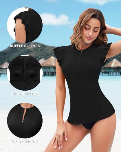 WOWENY Womens Padded Rash Guard Short Sleeve Swim Shirts 1/4 Zip UPF 50 Sun Protection Swimsuit Tankini Bathing Suit Top