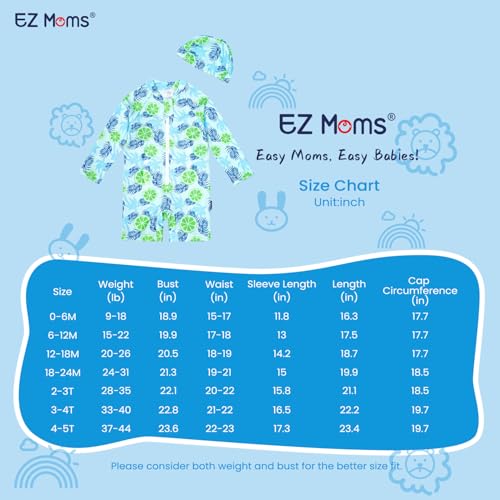 EZ Moms Baby Boy Swimsuit UPF 50+ Long-Sleeve One Piece Zipper Toddler Bathing Suit Baby Beach Wear Sunsuit with a Swim Cap