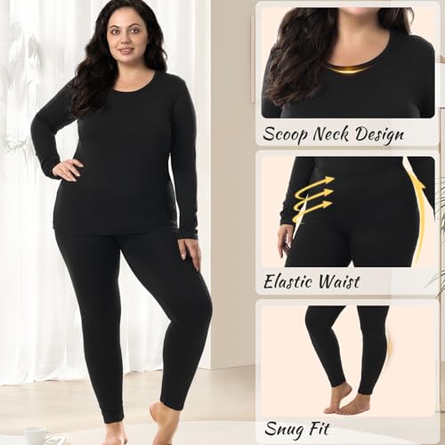 HOdo Plus Size Thermal Underwear Women Long Johns Fleece Lined Base Layer Top and Bottom Sets 1X-5X