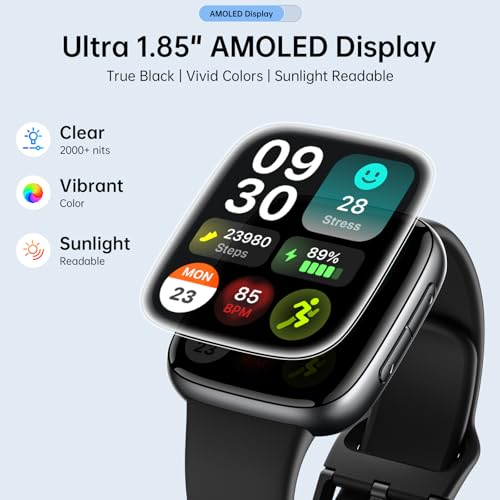 Quican Smart Watches for Women Men with 2 Bands, 1.85-inch AMOLED HD Display (390x450), 12-Day Battery Life, 3ATM Waterpro...