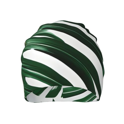 Green Palm Leafs Print Beanie Hat for Men and Women Stretchy Slouchy Winter Warm Cap Headwear Accessory