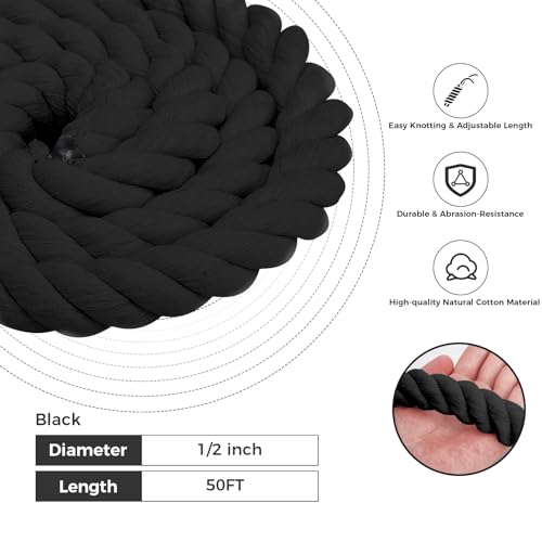 Natural Cotton Rope (1/2inches x 50ft), 3-Strand Twisted Cotton Rope, Natural Thick Black Rope, Soft Rope Cord Craft Rope ...