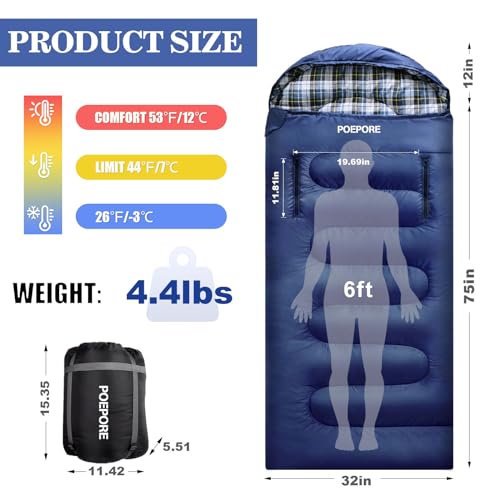 POEPORE Flannel Sleeping Bag Cotton 0 Degree Cold Weather for Adults XXL Wearable Sleeping Bag 4 Seasons Waterproof with C...