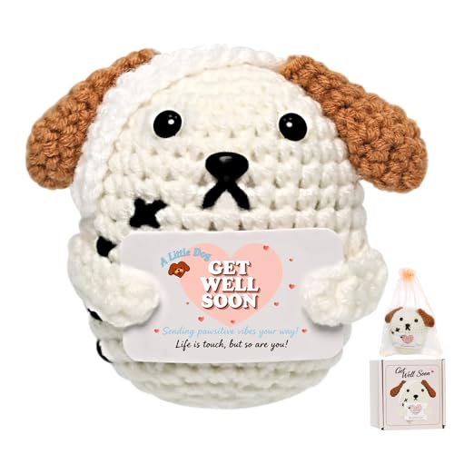 Crochet Get Well Puppy Gift - Handmade Dog Positive Pug Crochet Animal with Box Mesh Bag for Women Men Adult Emotional Ins...