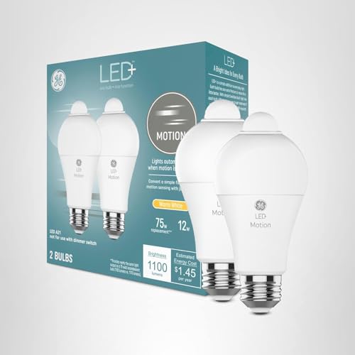 GE LED+ Motion Sensor LED Light Bulbs, 12W, Outdoor Security Lights, A21, Warm White (2 Pack)