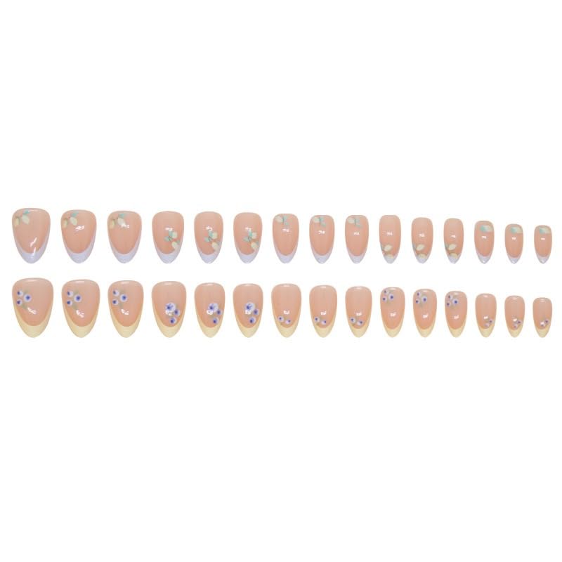 MRSCOL Press on Nails-Mango Blueberry French,Press on Nails Almond,Press on Nails Short Reusable 30pcs Nail Kit with Glue